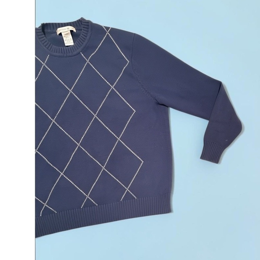 Geoffrey Beene Mens Navy Blue Argyle Cotton Crewneck Sweater Large Long Sleeve - Picture 3 of 10